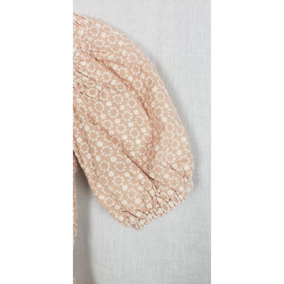 Line and Dot Top Womens XS Pink White Floral Puff Sleeve Peplum Tie Back Blouse - Picture 3 of 9